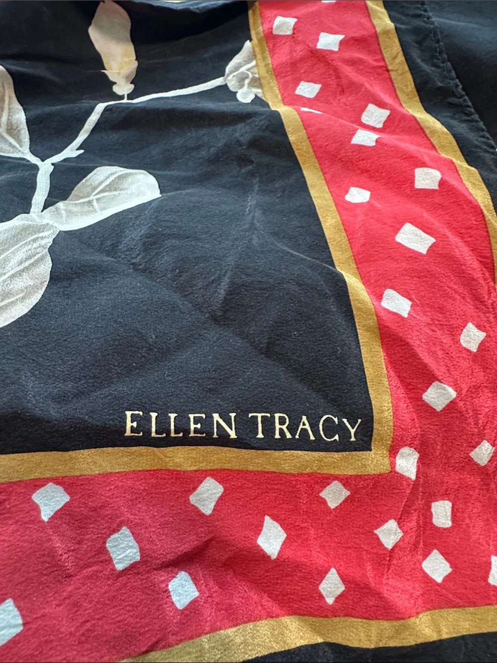 Vintage Ellen Tracy Black Square Floral Silk Scarf with Red Border 32